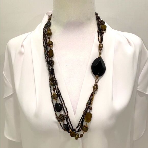 Coldwater Creek 5 Strand Asymmetrical Beaded Necklace In Black And Gold Tone - Picture 10 of 10